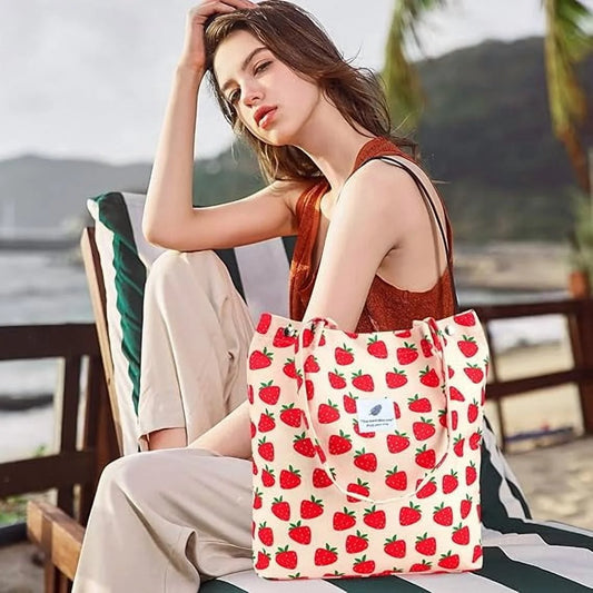 Corduroy Tote Bag for Women Girl Canvas Shoulder Cord Purse with Inner Pocket (Strawberry)