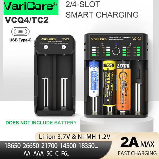 VCQ4 TC2 R4 Intelligent Battery Charger Portable for 3.7V Lithium 18650 26650 21700 18500 18350 1.2V NI-MH Ni-Cd AA AAA
