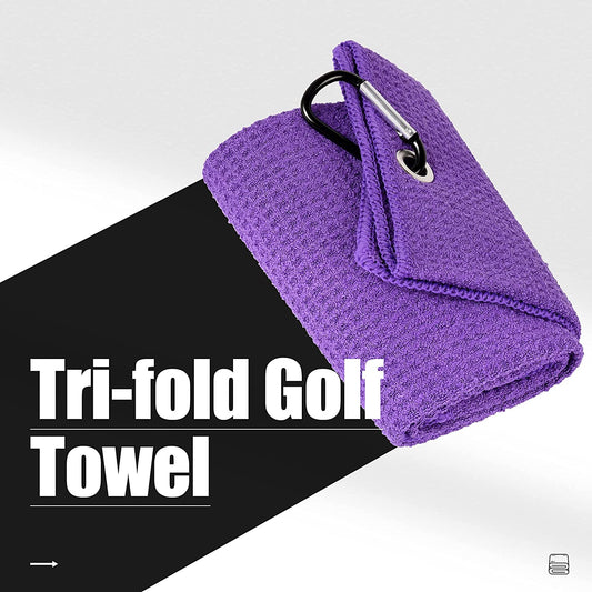 Tri-Fold Golf Towel | Premium Microfiber Fabric | Waffle Pattern | with Heavy Duty Carabiner Clip | Purple Golf Towel for Men and Women | 16”X21” (Purple)