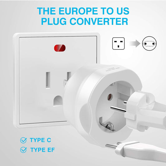 1 Pack European to US Plug Adapter, EU to US Adapter, Europe to USA Travel Converter for Most of EU Spain France Type C E F Plugs to America