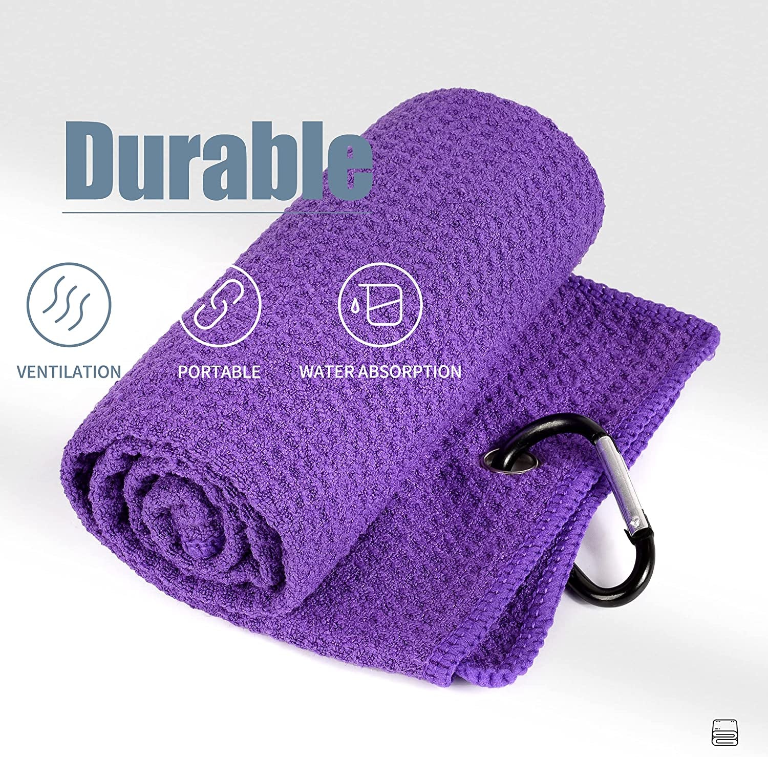 Tri-Fold Golf Towel | Premium Microfiber Fabric | Waffle Pattern | with Heavy Duty Carabiner Clip | Purple Golf Towel for Men and Women | 16”X21” (Purple)