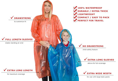 Rain Ponchos Family Pack | Emergency Raincoat Drawstring Hood Poncho for Children and Adults | Lightweight Reusable or Disposable