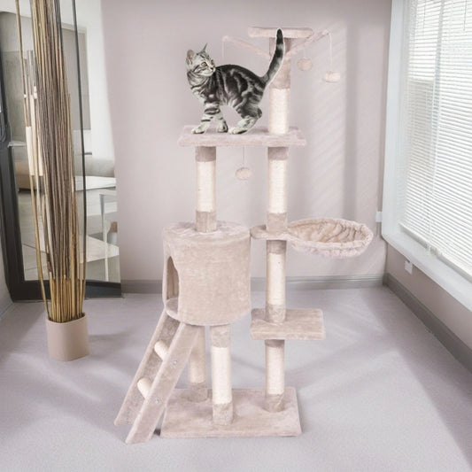 57" 4 Levels Platform Cat Tree House, Cat Condo for Large Cats with Fully Scratching Posts, Cat Tower for Indoor, Beige