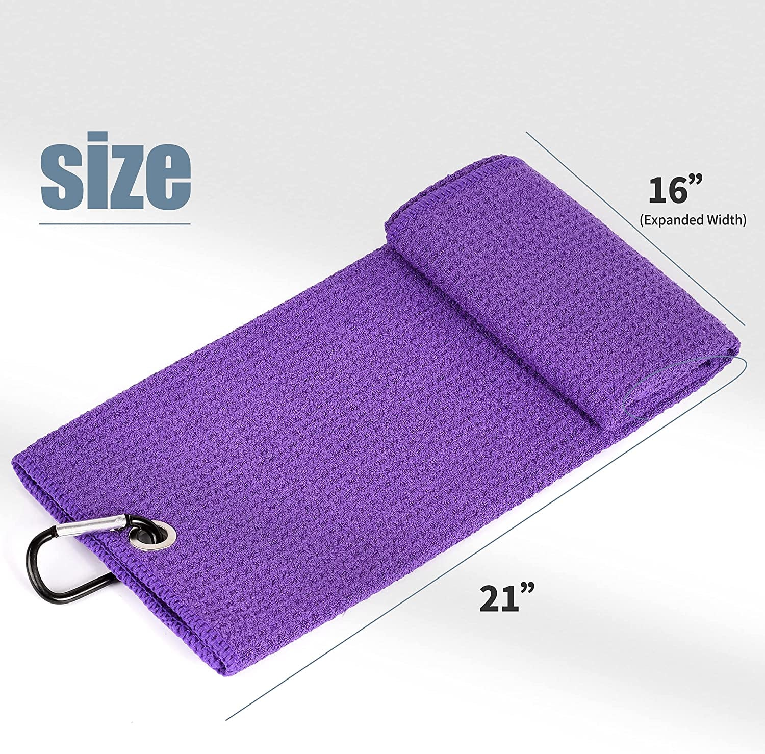 Tri-Fold Golf Towel | Premium Microfiber Fabric | Waffle Pattern | with Heavy Duty Carabiner Clip | Purple Golf Towel for Men and Women | 16”X21” (Purple)