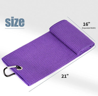 Tri-Fold Golf Towel | Premium Microfiber Fabric | Waffle Pattern | with Heavy Duty Carabiner Clip | Purple Golf Towel for Men and Women | 16”X21” (Purple)